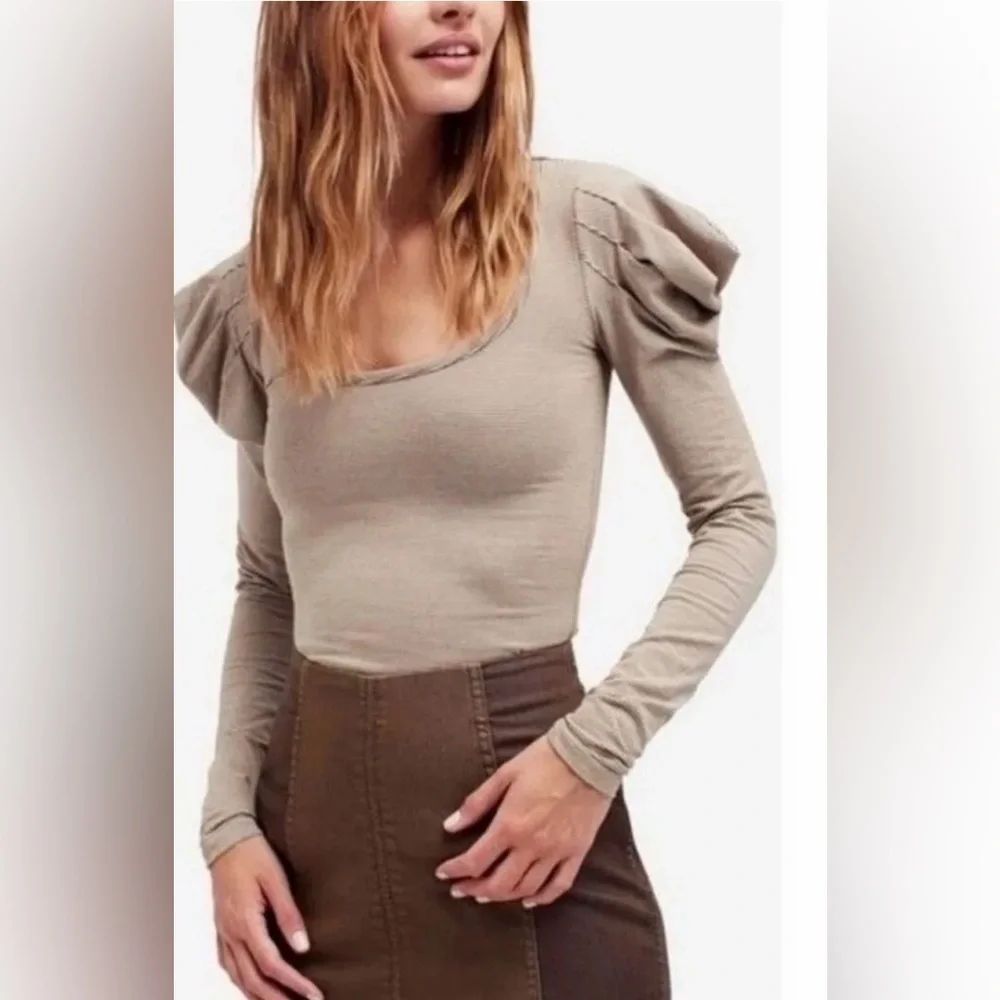 Free People Penelope Puff Sleeve Brown Cream Striped L/S Top Women’s Sz. S